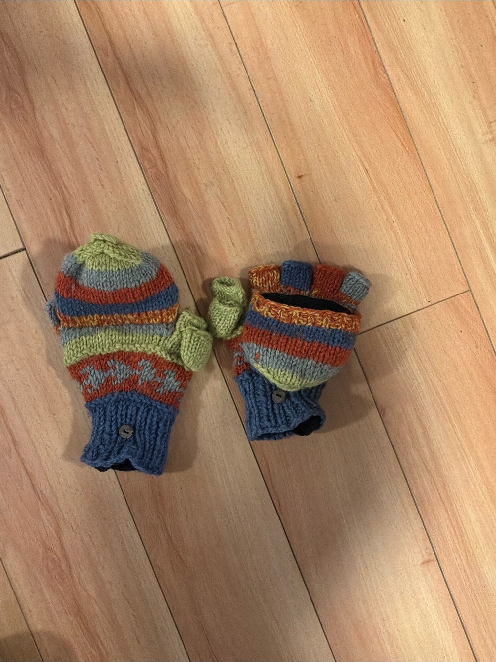 Striped Convertible Knit Mittens in Blue, Green & Orange - Unbranded